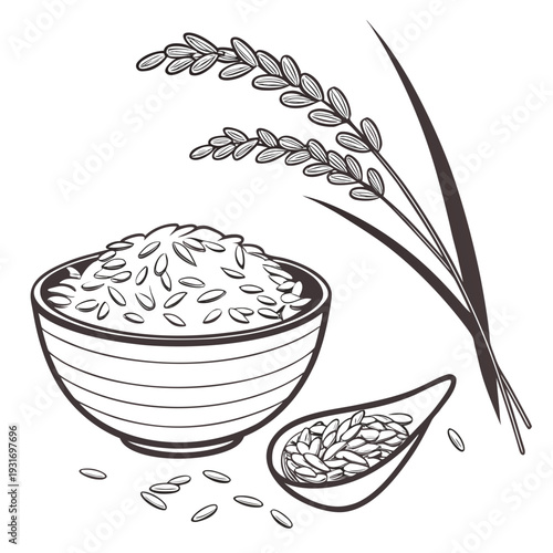 Bowl of rice with scattered grains and stalk spoon