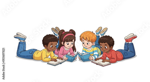 Illustration of diverse children lying down and reading books on Read Across America Day with a colorful design, conveying a joyful event for kids and family with a vibrant icon style.