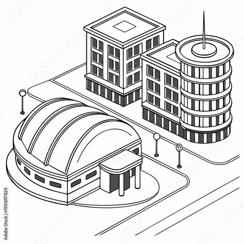 Isometric view of futuristic city block with circular planning modules