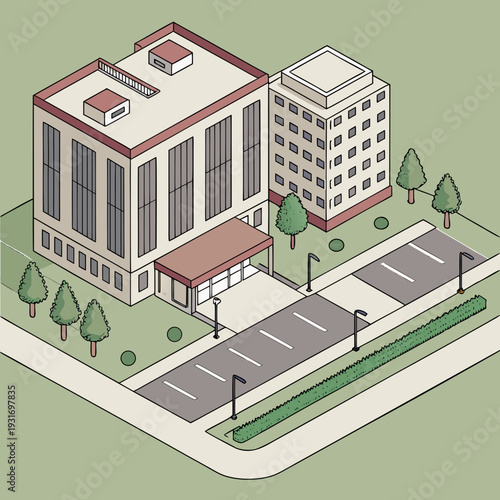 Isometric view of modern research park with buildings and parking lot