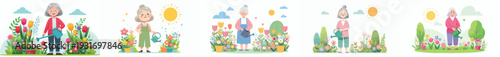 vector of a grandma happily watering flowers in spring