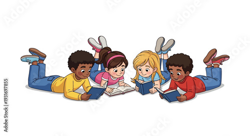 Illustration of diverse children lying down reading books on Read Across America Day with a colorful design, promoting literacy and learning in a joyful setting.