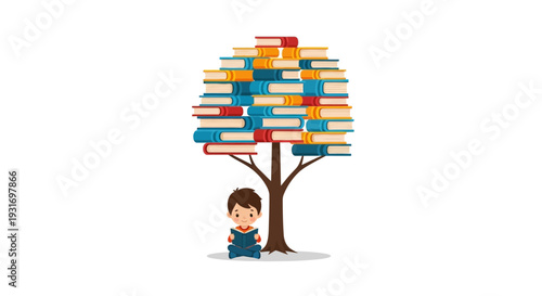 A young boy sitting under a tree stacked with colorful books on Read Across America Day, with a simple and iconic design illustration.