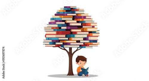 A young boy sitting under a tree stacked with colorful books on Read Across America Day, with a thoughtful expression and a book in hand, surrounded by a simple white background.