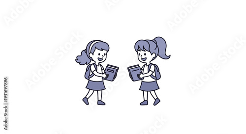 Illustration of two young girls reading books on Read Across America Day with a simple, iconic design style and purple tones against a clean white background.