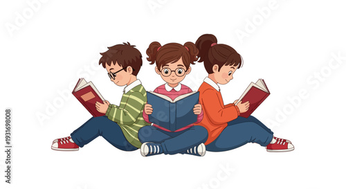 Illustration of diverse children sitting together reading books on Read Across America Day with a colorful design and icon style against a plain white background.