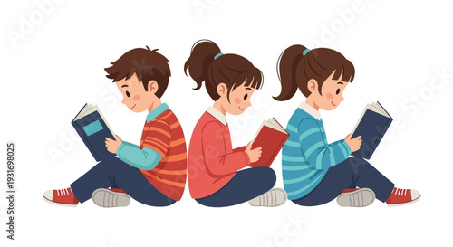 Illustration of three children reading books on the floor, celebrating Read Across America Day with a joyful and educational atmosphere.