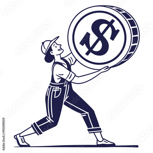 Man in overalls holding large coin with dollar sign