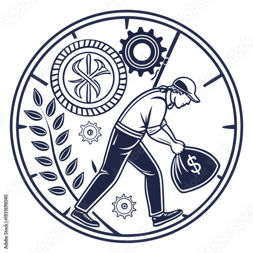 Man carrying money bag surrounded by gears and leaves in a circular frame
