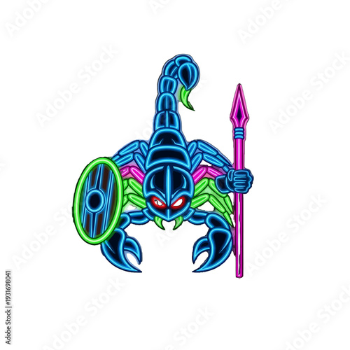 Armored Scorpion Warrior Holding a Spear with Glowing Details on Isolated White Background