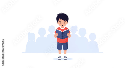 Illustration of a young boy reading a book on Read Across America Day with a group of people in the background, a simple design icon for a business or event promoting literacy and education.