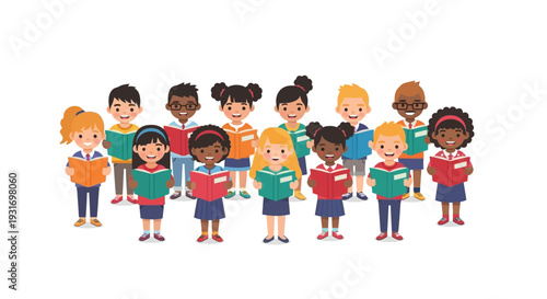 Diverse group of children from different ethnic backgrounds holding books and standing together on Read Across America Day with a vibrant and inclusive design.