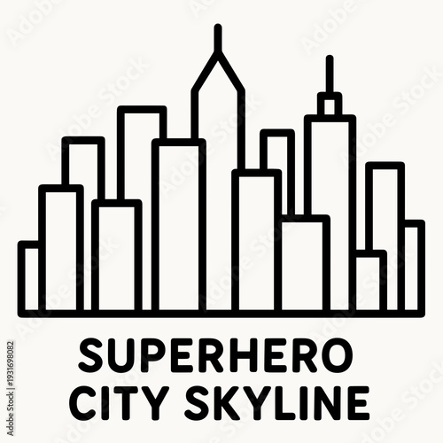 Superhero city skyline illustration with minimalistic design and black lines