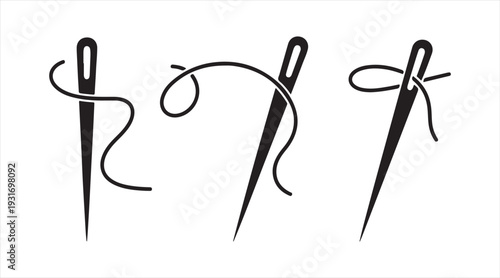 Sewing needle icon set with threaded needle symbols black silhouette vector collection isolated on white background