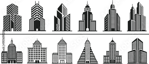 Black and white skyscraper collection, modern office building architectural icons set, urban city landscape silhouettes isolated on white background, SEO.