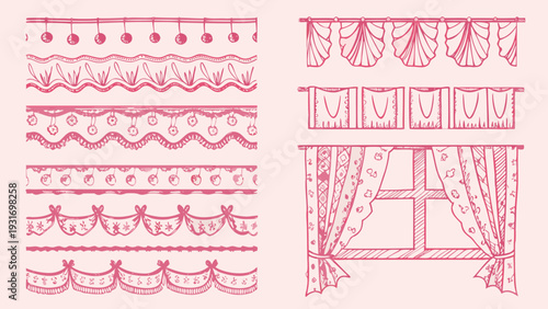 Collection of pink hand drawn valance and curtain border designs