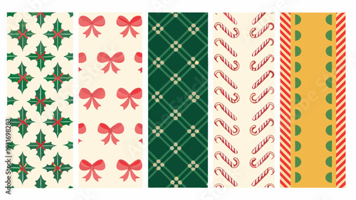 Festive christmas patterns holly bows plaid and candy cane designs