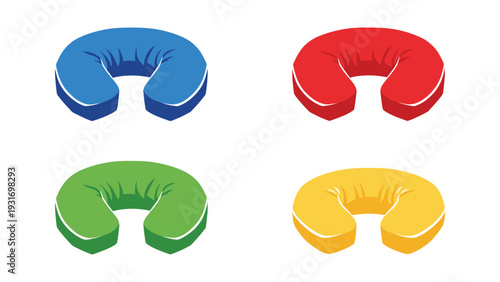 Four colorful crescent-shaped cushions in different vibrant hues