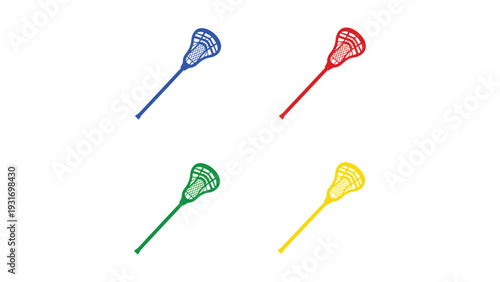 Colorful lacrosse sticks arranged in a grid formation with different colored handles and heads