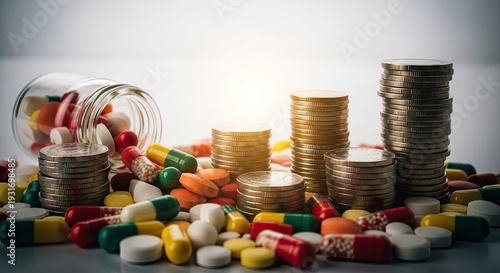 Pills and coins medical expenses and financial concepts visualized