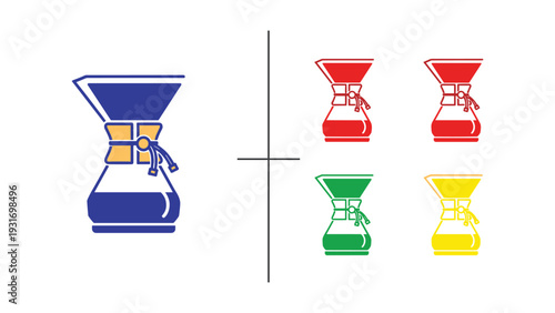 Illustration of a coffee brewer and its color-coded components or variations.