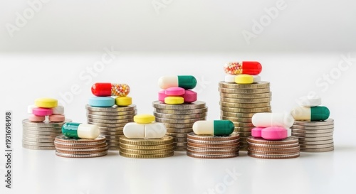 Pills on stacks of coins concept of medication costs and healthcare expenses