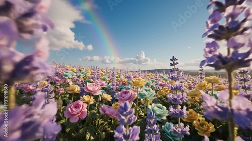 Colorful Flower Field Under Rainbow Sky.