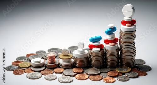 Rising costs medicine pills stacked on coin piles against a white background