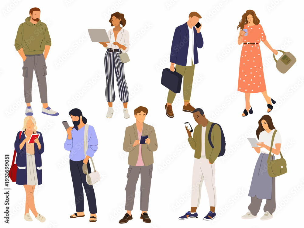 Fototapeta premium Diverse group of people casually dressed using phones and laptops