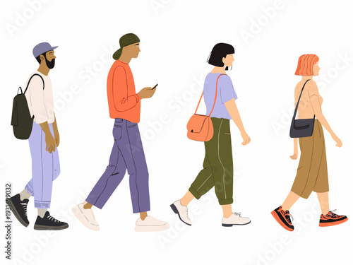 A diverse group of people walking in a minimalist stylized illustration