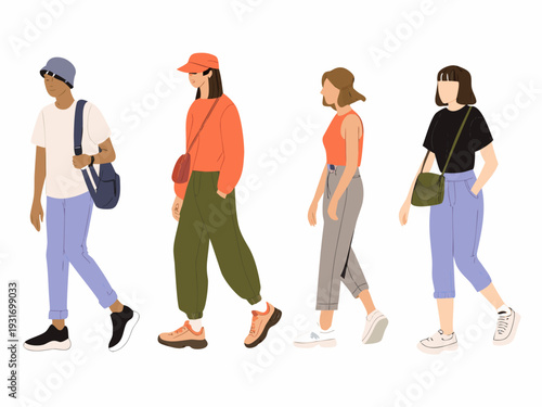 Four fashionable women walking in a minimalist contemporary style illustration