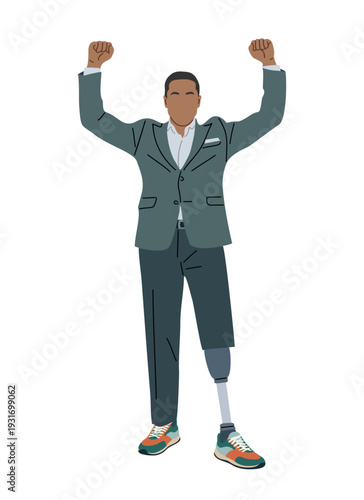 Flat full body illustration of a dark skinned person in a suit with a prosthetic leg, arms raised in triumph, wearing vibrant sneakers. Isolated on transparent background.