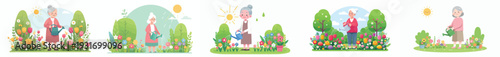 vector of a grandma happily watering flowers in spring