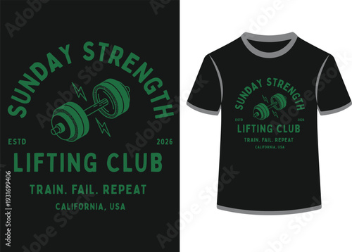 Gym fitness tshirt design with dumbbell illustration and motivational text for workout and strength training