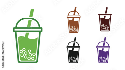 Colorful assortment of illustrated iced drinks with straws and lids