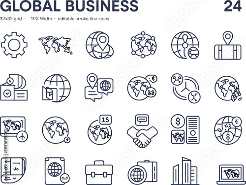 Global business vector icons set with international trade, currency exchange, worldwide communication, editable stroke line illustration for commerce