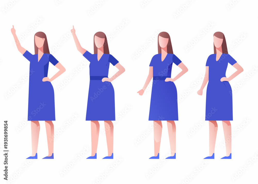 Fototapeta premium Four identical women in blue dresses raising hands in different poses