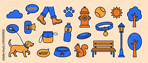 Dog Park Collection: A vibrant illustration showcasing various elements associated with a dog park, dog walking and creating a cheerful atmosphere. 