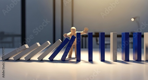 Wooden figure stopping falling dominoes representing business challenge and solution