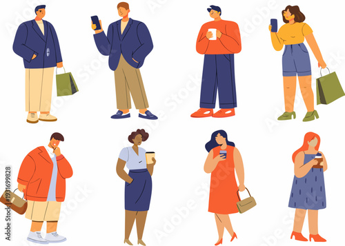 Diverse group of people using smartphones and carrying shopping bags