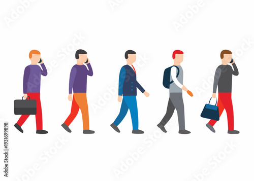 A line of people walking most are talking on mobile phones