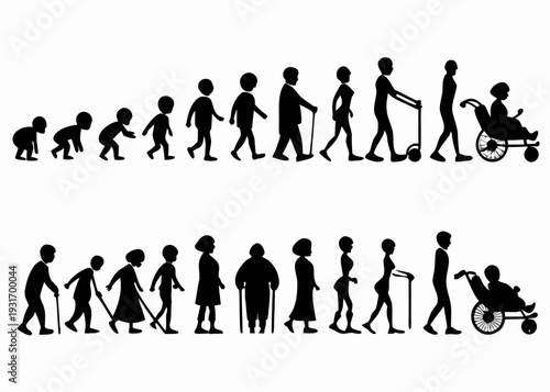 Human life cycle illustrated with silhouettes birth growth and aging