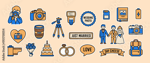 Wedding Photography Elements: A delightful collection of vector illustrations perfect for capturing the essence of wedding photography, from cameras and lenses to couples and memories.