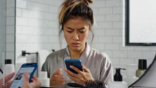 Woman in Bathroom Reacts to Phone News.