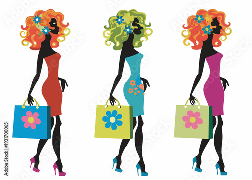 Three stylish women with shopping bags in vibrant colors and floral accents