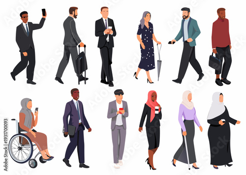 Diverse group of people walking including individuals with disabilities