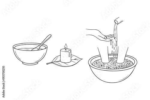 A drawing of a plant being potted with a bowl of soil and a spoon Vector