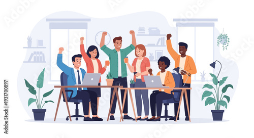 A diverse group of happy office workers celebrating Employee Appreciation Day with raised arms in a modern office setting