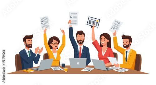 A group of happy business professionals celebrating Employee Appreciation Day with raised hands and papers in a joyful office setting