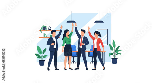 Illustration of a happy office team celebrating Employee Appreciation Day with a joyful and productive mood in a modern office